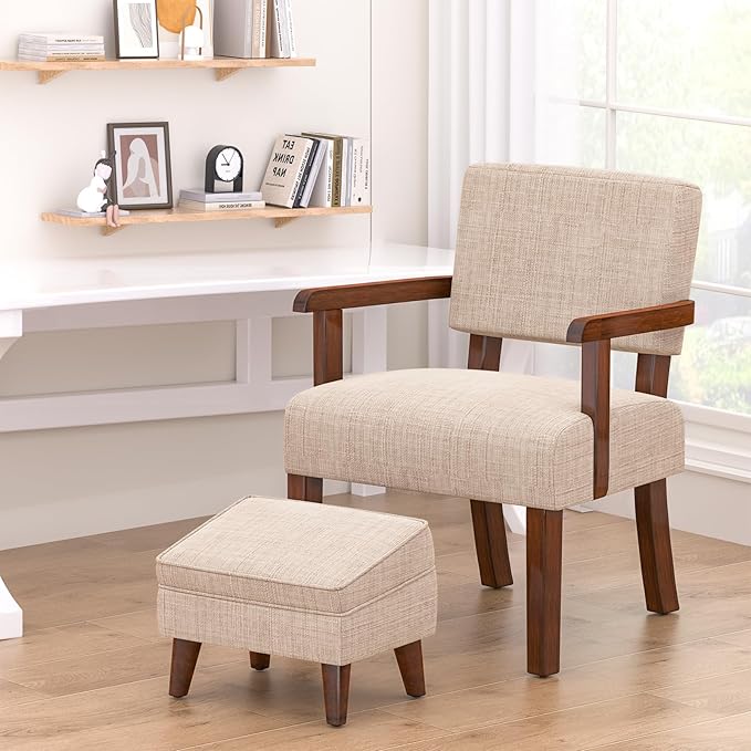 Accent Chairs with Adjustable Ottoman Comfy Arm Footrest Set Storage Footstool Sofa Armchair with Footrest Lazy Chair Set for Living Room/Bedroom/Reading Room Beige
