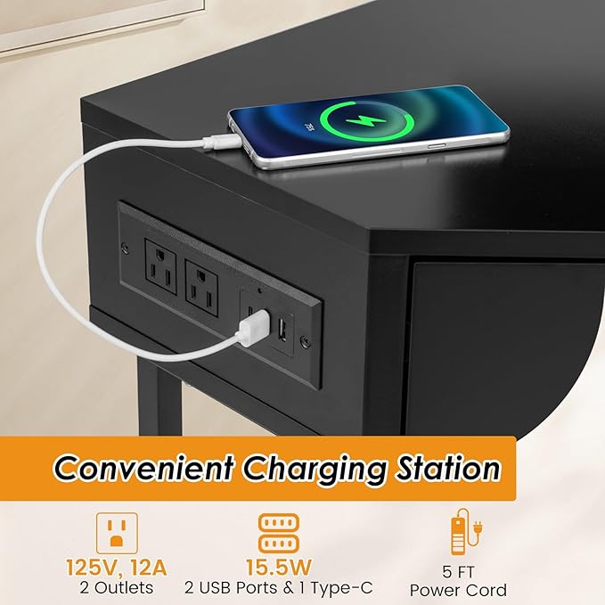 Giantex Corner Desk with Charging Station 90 Degree Triangle Computer Desk with 2 Drawers &amp Storage Shelf L-Shaped Writing Desk Makeup Vanity Table Compact Corner Desk for Small Spaces (Black)