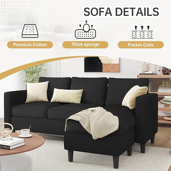 JAMFLY 3-Seat Reversible L-Shaped Sectional Sofa with Convertible Ottoman Modern Upholstered Fabric Couch for Small Living Rooms Apartments &amp Studios Black