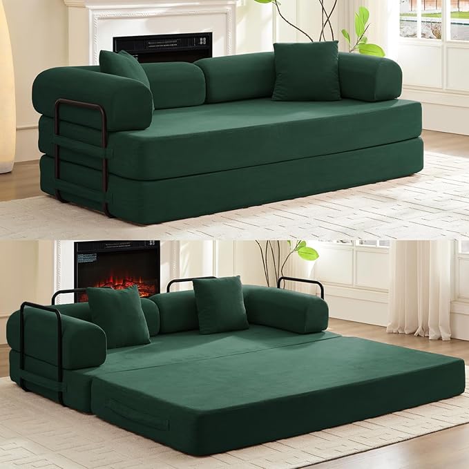 Mjkone 78.7 W Convertible Folding Mattress Couch with Armrest Corduroy Floor Sofa Bed with Metal Fixed-Shape Frame 5-in-1 DIY Futon Lazy Sofa Cama Lounge Couch for Living Room Bedroom Studio Green