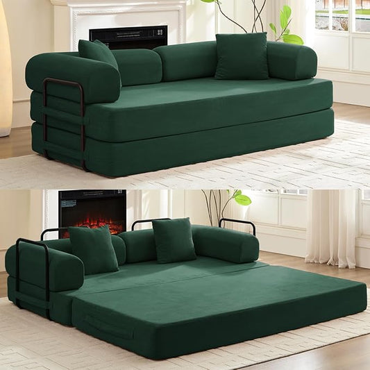 Mjkone 78.7 W Convertible Folding Mattress Couch with Armrest Corduroy Floor Sofa Bed with Metal Fixed-Shape Frame 5-in-1 DIY Futon Lazy Sofa Cama Lounge Couch for Living Room Bedroom Studio Green