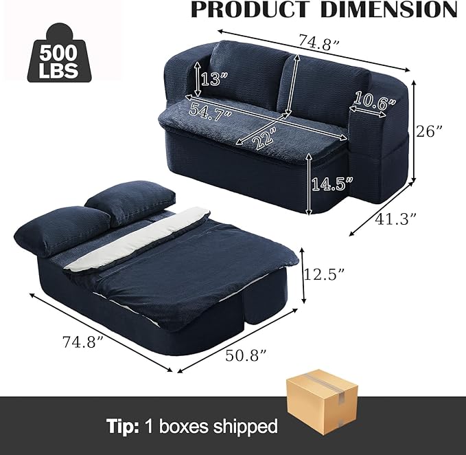 2-in-1 Convertible Sofa Bed 74.8 Memory Foam Boneless Couch Bed Full Size Love Seat Sleeper Sofa Floor Couch Loveseat with 2 Pillows for Living Room Bedroom Apartment Office No Assembly Blue