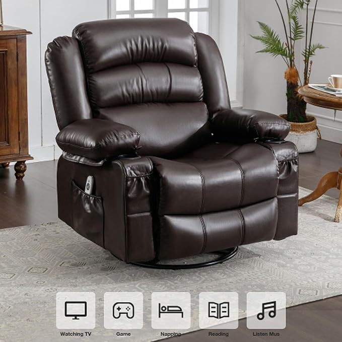 Electric Recliner Chairs for Adults Massage Recliner Chair with Heat 360 Swivel Recliners Chair for Living Room with 2 Cup Holders &amp USB Charge Port Rocking Function and Side Pocket (Brown)