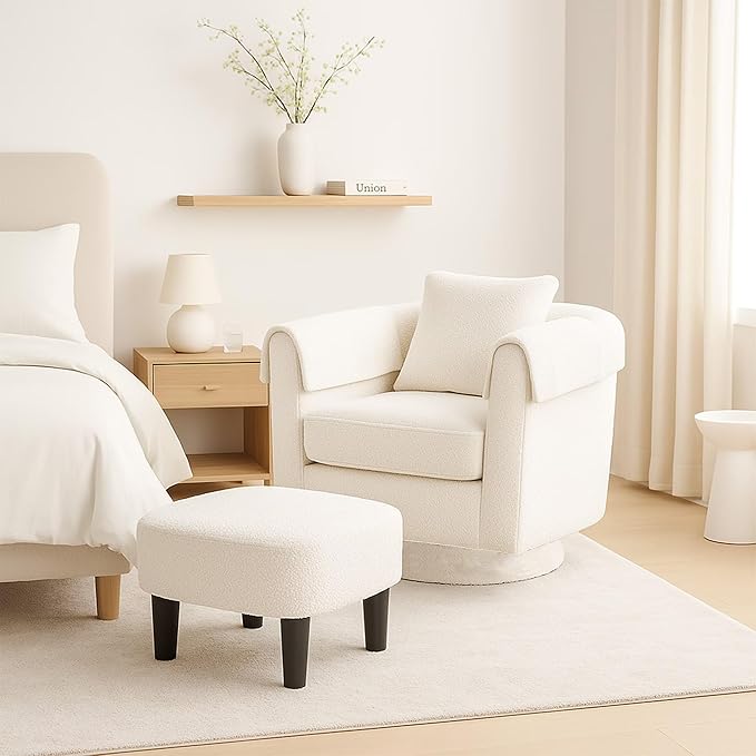 White Swivel Accent Chair with Ottoman 360° Barrel Chairs with Foot Stool Comfy Reading Chair with Removable Pillow &amp 2 Armrest Covers for Living Room Small Spaces Bedroom Chenille (White)