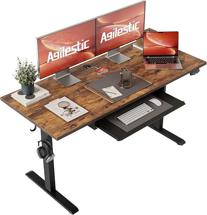 Agilestic Height Adjustable Desk with Keyboard Tray 55 x 24 Inches Electric Standing Desk with Memory Preset Stand up Computer Table Lightweight Board Dark Brown