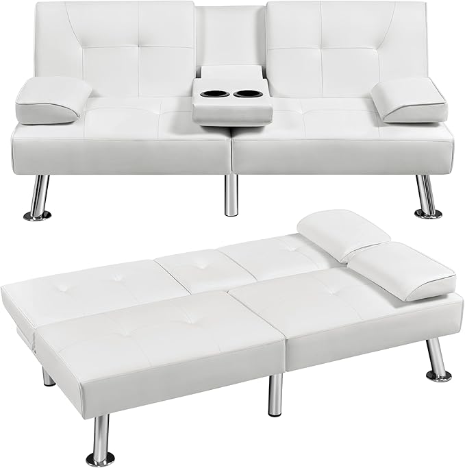 Yaheetech Convertible Sofa Bed Adjustable Couch Sleeper Modern Faux Leather Home Recliner Reversible Loveseat Folding Daybed Guest Bed Removable Armrests Cup Holders 3 Angles 772lb Capacity White