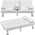 Yaheetech Convertible Sofa Bed Adjustable Couch Sleeper Modern Faux Leather Home Recliner Reversible Loveseat Folding Daybed Guest Bed Removable Armrests Cup Holders 3 Angles 772lb Capacity White
