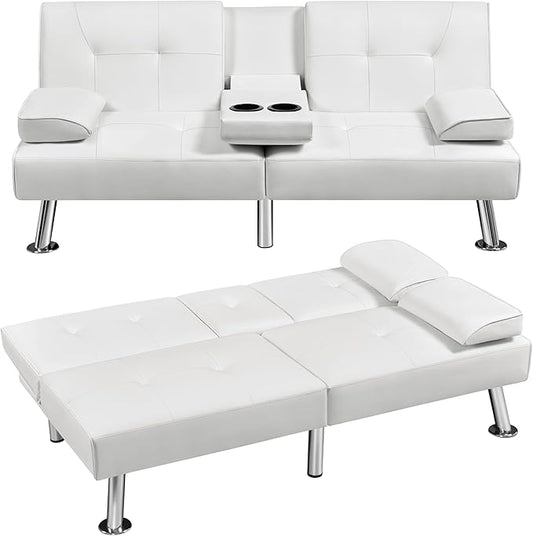 Yaheetech Convertible Sofa Bed Adjustable Couch Sleeper Modern Faux Leather Home Recliner Reversible Loveseat Folding Daybed Guest Bed Removable Armrests Cup Holders 3 Angles 772lb Capacity White