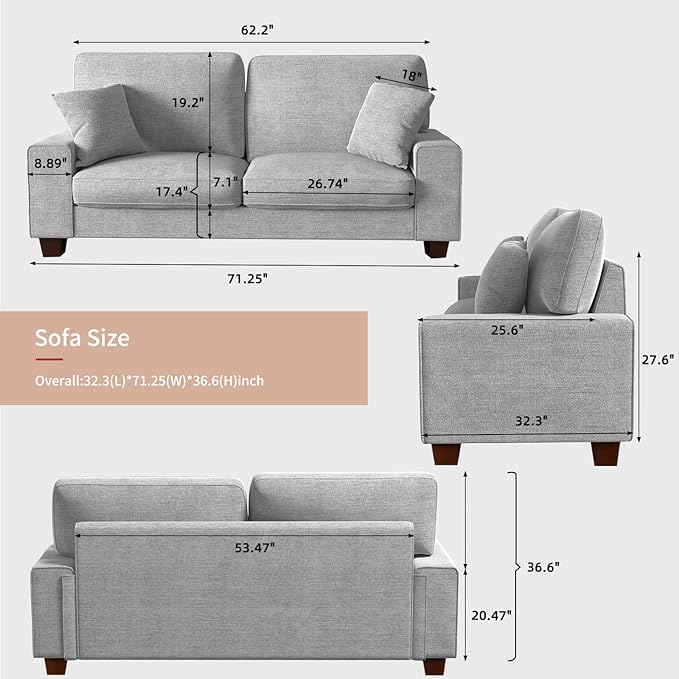 DOPEDIO Modern Loveseat Sofa for Living RoomChenille Recliner Removable Cover Spring Cushions Solid Wood Frame Easy Assembly for Small Spaces (71.25inchLight Gray)