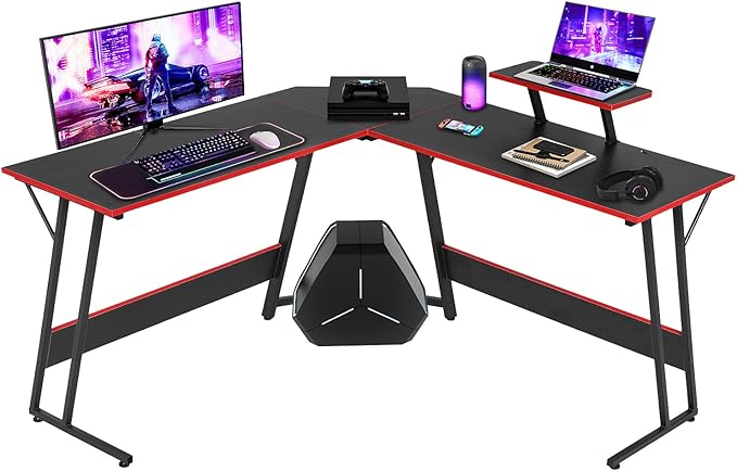 NChanmar L Shaped Gaming Desk with Monitor Riser Stand Home Office Corner Desk for Studying Working Large Desktop Black