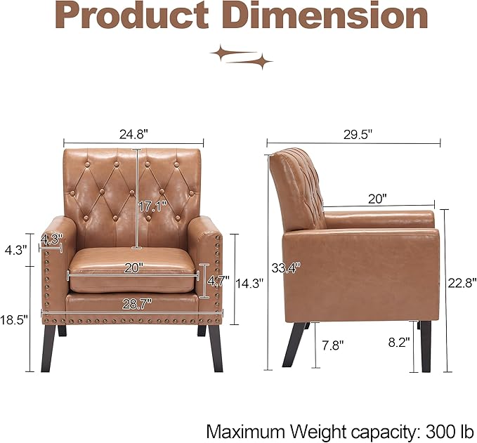 Mid Century Modern Accent Chair Light Brown Faux Leather Office Chair for Reception - Tufted Leather Club Chair for Living Room Bedroom or Waiting Room