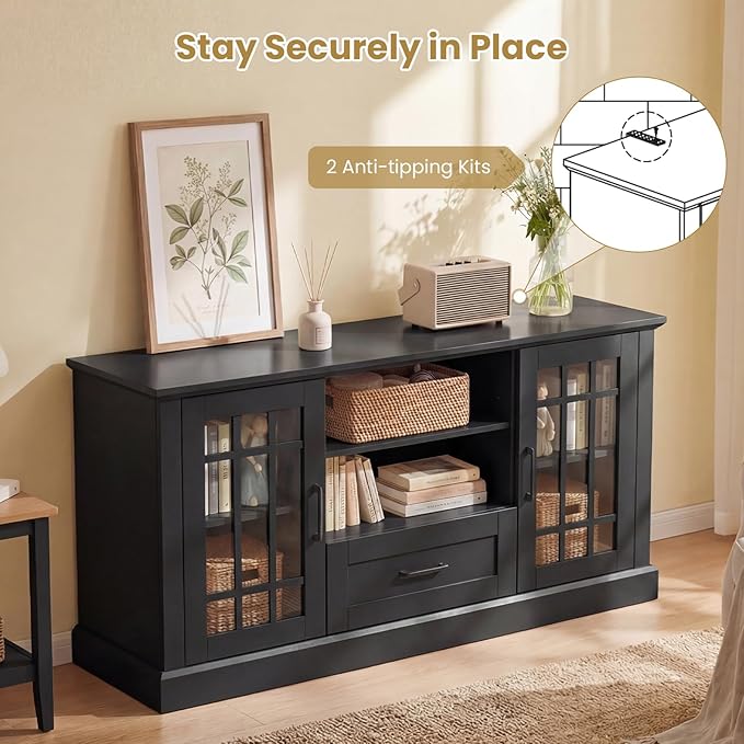 Giantex Farmhouse TV Stand for 65/70 Inch TV Tall Entertainment Center with Storage Cabinets Glass Doors Drawer Removable Shelves Media TV Console Table for Living Room Bedroom (Black)
