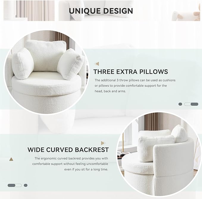 FOXHUNTER Swivel Barrel Chair 360 Degree Swivel Round Storage Chair with 3 Pillows Oversize Teddy Swivel Accent Chair Comfy Single Sofa Chair for Nursery Living Room Bedroom (Ivory)