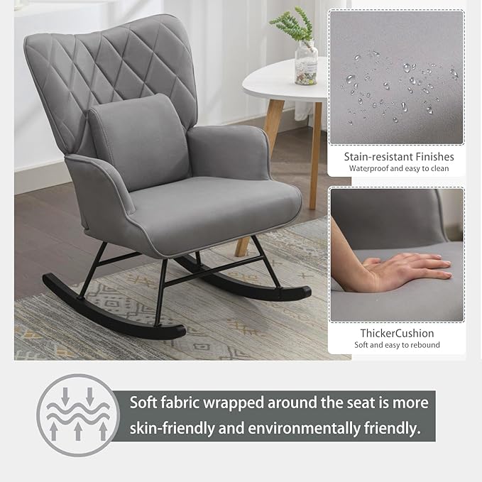 Modern Upholstered Rocking Chair with Ottoman – High Back Glider for Nursery Living Room or Bedroom – Comfortable Armchair with Lumbar Support &amp Sturdy Wood Rockers (Grey Fabric)