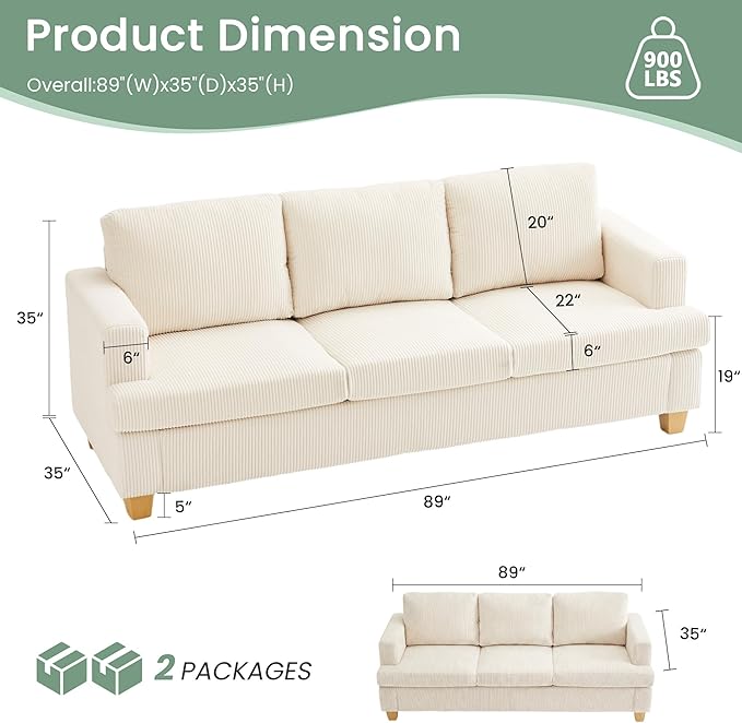 3 Pieces Corduroy Couch Set for Living Room 3 Seater &amp Loveset*2 Cloud Sofa Deep Seat Floor Couch for Bedroom Futon Modern Sofa Bed White Corduroy
