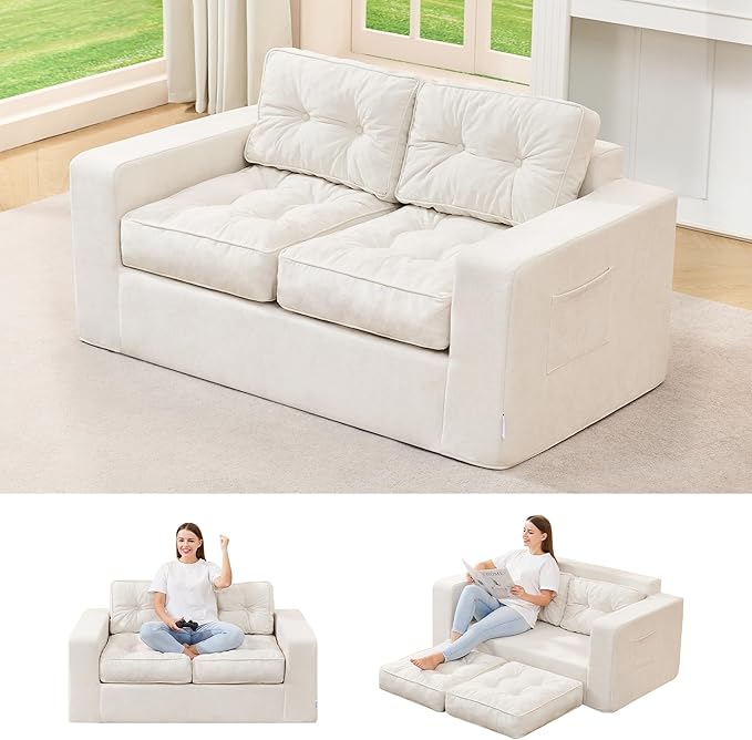 Hobestluk Sofa Couch Loveseat Sofa with Chenille Fabric 2-Seater Sofa for Small Spaces Comfortable Foam Floor Sofa 2 in 1 Boneless Couch for Living Room Bedroom Apartment or Office (Beige Loveseat)