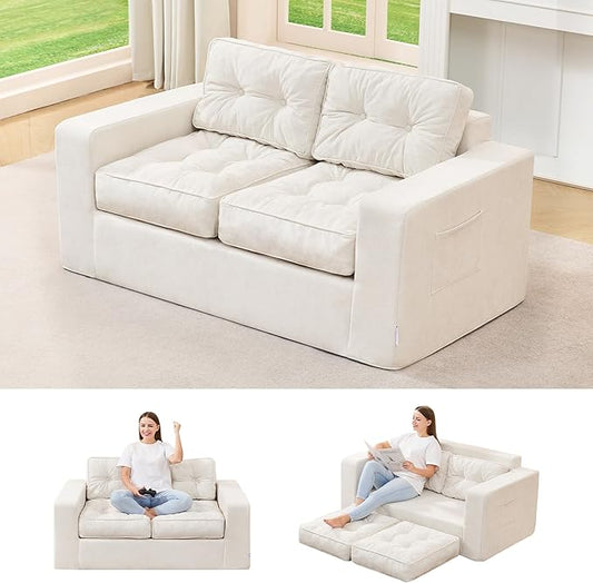 Hobestluk Sofa Couch Loveseat Sofa with Chenille Fabric 2-Seater Sofa for Small Spaces Comfortable Foam Floor Sofa 2 in 1 Boneless Couch for Living Room Bedroom Apartment or Office (Beige Loveseat)