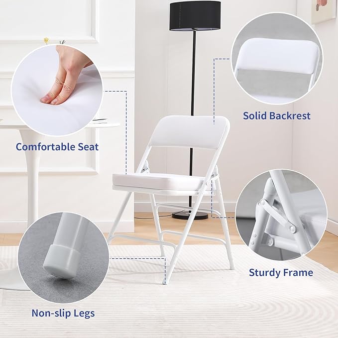 KAIHAOWIN Metal Folding Chairs with Vinyl Padded Seat Indoor Comfortable Upholstered Foldable Chairs with Ultra Thick Cushion-White