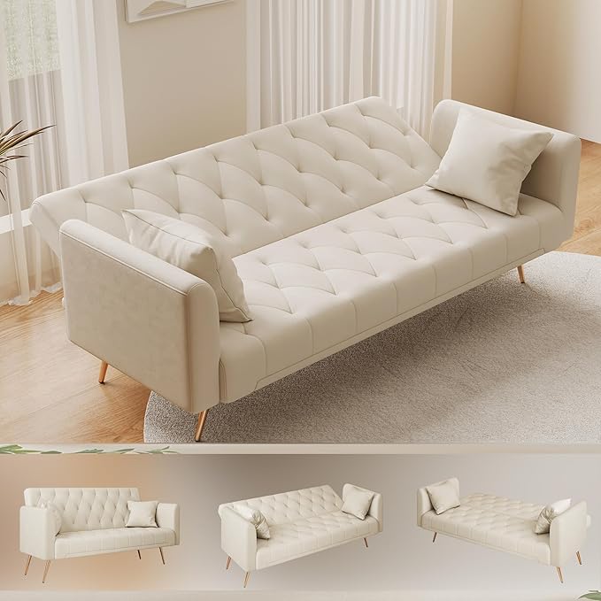 Anwick 72''Modern Velvet Sofa Bed FutonConvertible Folding Sleeper Couches with 3 Adjustable BackrestsTufted Recliner Love Seat Golden Chrome Legs for Living Room Apartment Home Office (Beige)