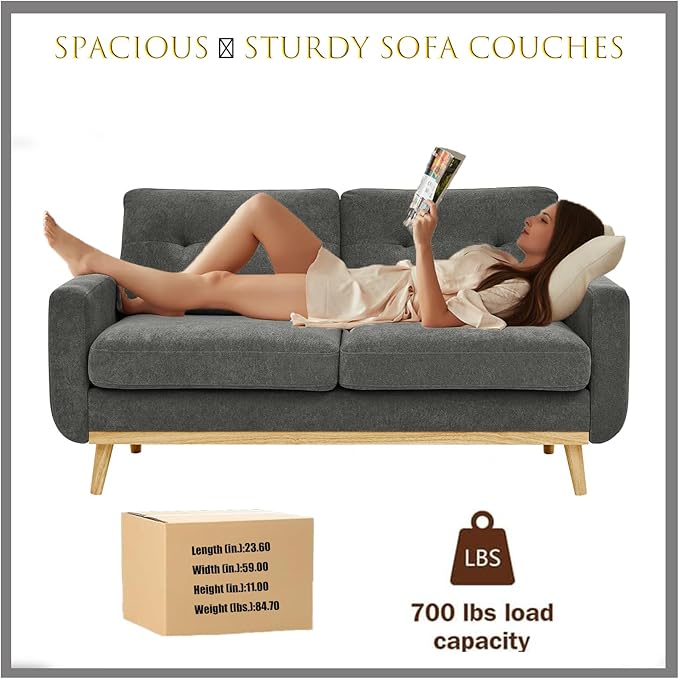 65 W Gray Loveseat Sofa Mid Century Modern Love Seat Couches for Living Room Button Tufted Upholstered Small Couch for Bedroom Solid Wood Legs and Easy to Install Love Seats Furniture (Gray)
