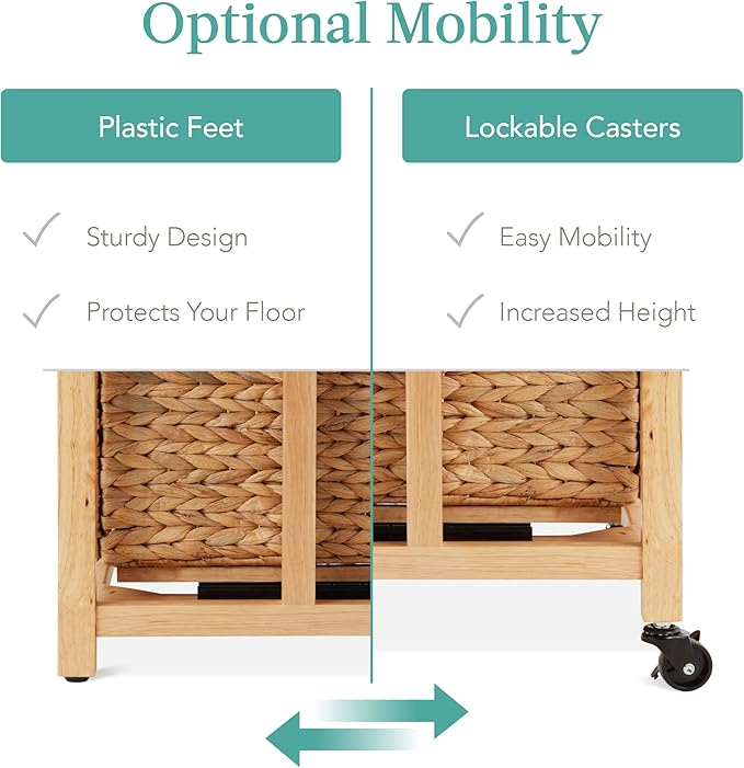 Best Choice Products Vertical Rolling File Cabinet Multipurpose Portable Water Hyacinth Basket Organizer for Home Office Workspace w/Rubberwood Frame Metal Sliders Locking Caster Wheels - Natural