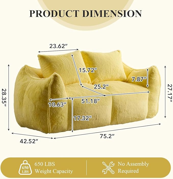 Alpen Loveseat for Small Spaces 75 Boneless Couches for Living Room Love Couch with Armrests Apartment Sofa with Tufted Cushion &amp Backrest No Assembly Yellow