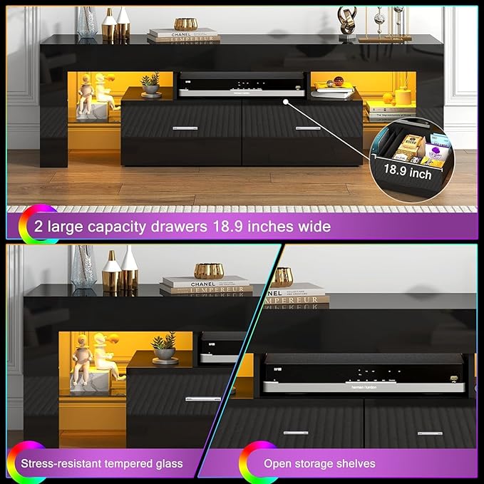 Black 63 Inch Floating TV Stand with Two Drawers &amp 16-Color LED Lights Large Modern Entertainment Center for TVs Up to 75 Inches Wooden Media Console with Open Shelf
