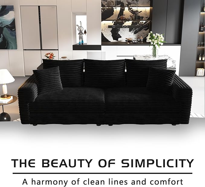 82.7 Oversized Cloud Couch Convertible 3 Deep Seat Upholstered Sofa Couch 2 in 1 Plush Corduroy Sofa with 5 Soft Pillows Modern Modular Sectional Couches for Living Room Apartment Black