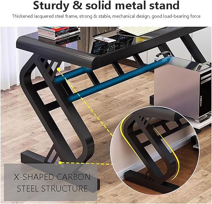 Tempered Glass Computer DeskModern Office Desk with Glass Top &amp Z-Shaped Metal FrameSturdy Writing Desk Table Study DeskGaming Desk Computer Desk for Home Office Workstation