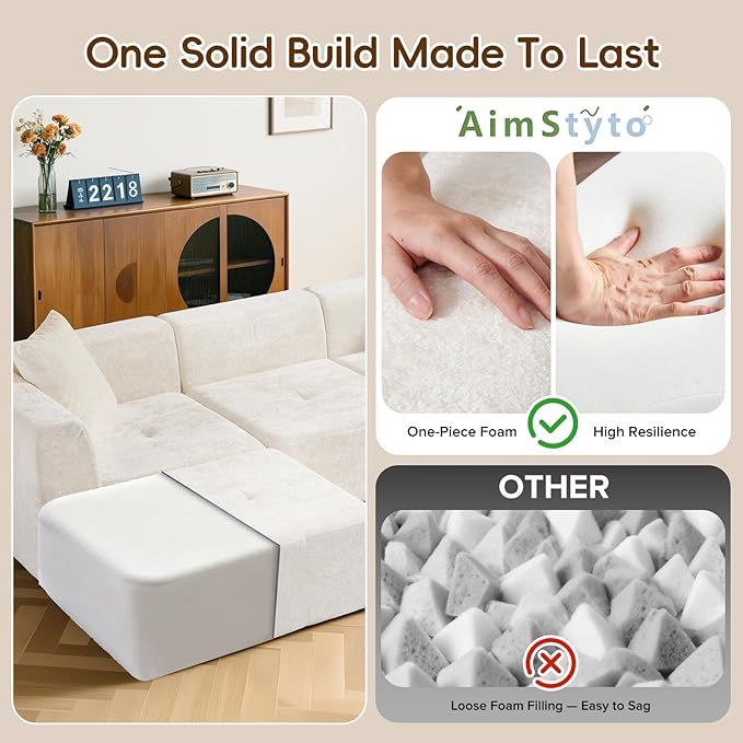 108 Cloud Modular Sectional Sofa Plush L Shaped Couch with Reversible Ottoman No Assembly 3 Seater Velvet Sofa with Chaise Oversized Boneless Couch for Modern Living Room &amp Bedroom (Beige)