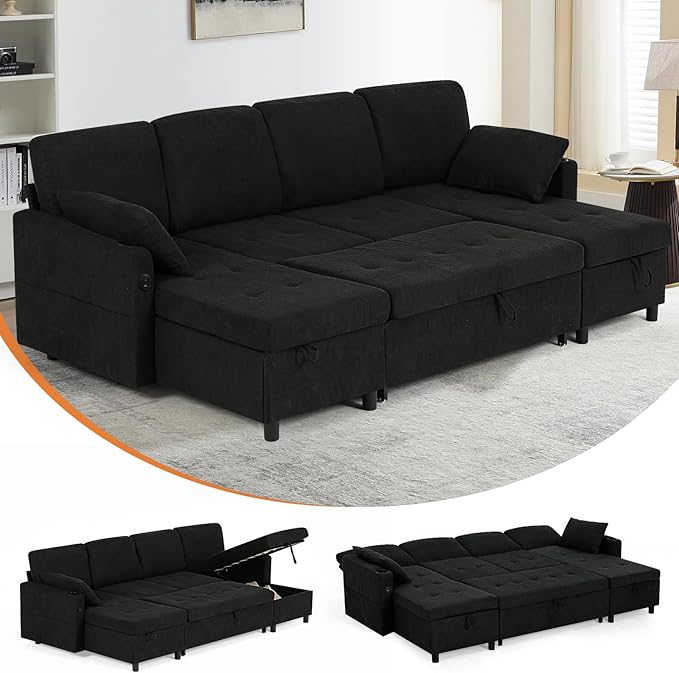 110 Inch Sleeper Sofa Bed w/7 Angles Adjustable Backrests Fabric sectional Sofa Bed w/USB Port Convertible U-Shaped Couch Bed w/Storage Chaise &amp Thicker Cushions for Living Room Black