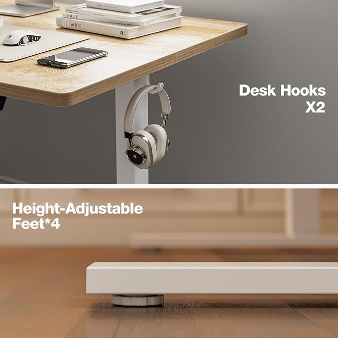 Grandder 47x32 Large Electric Standing Desk Height Adjustable Computer Desk with 2 Memory Presets 31.5 Deep Desktop Sit Stand Desk Home Office Desk Workstation Table with Hooks Oak