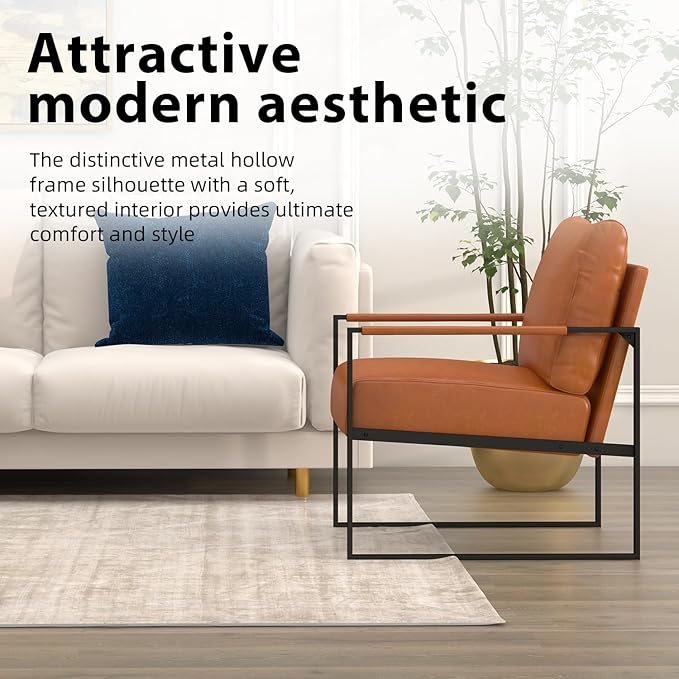 INZOY Leather Accent Chair with Metal Frame Set of 2 Comfy Living Room Chair with Plump Backrest and Cushion Mid Century Modern Chair with Sturdy Structure Easy to Clean Brown