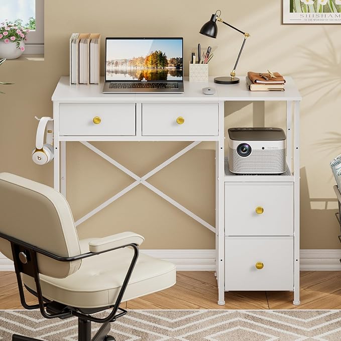 Small Computer Desk with 4 Fabric Drawers Simple Writing Desk for Home Office Compact Study Desks for Small Spaces Kids Desk Study for Bedroom White