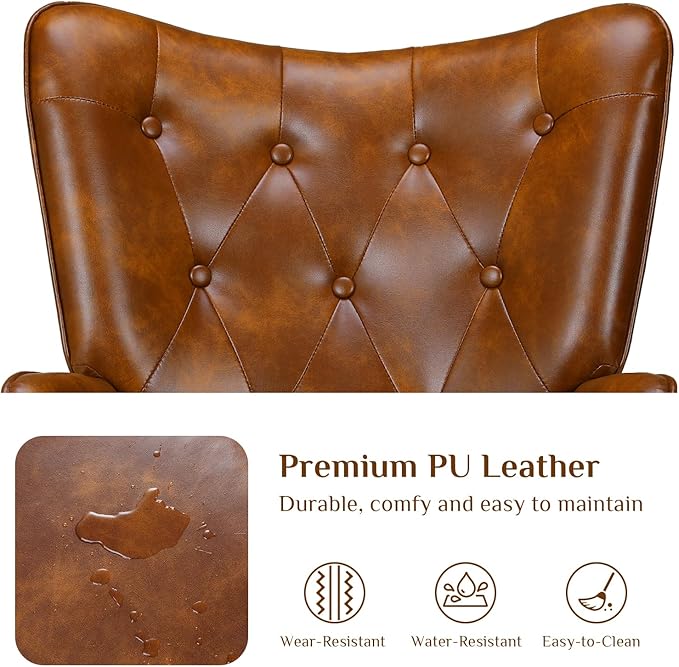 TLSUNNY Accent Chair Comfy Upholstered Armchair with Metal Legs High Backrest Living Room Chair Wingback Chair Mid Century Modern for Living Room/Vanity/Bedroom PU Brown (2 pcs)