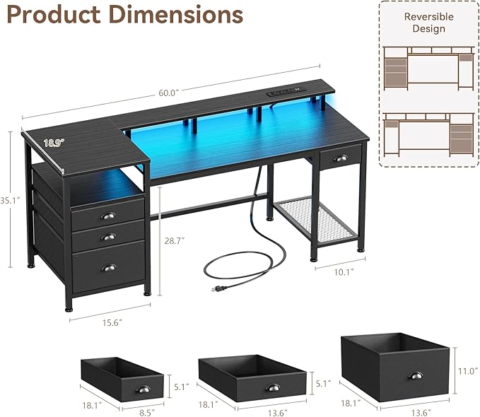 Furologee 60 Black Computer Desk with 4 Drawers and Printer Space Gaming Desk with LED Lights and USB Power Outlets Home Office Desk with Fabric File CabinetStudy Work Table with Shelf for Bedroom