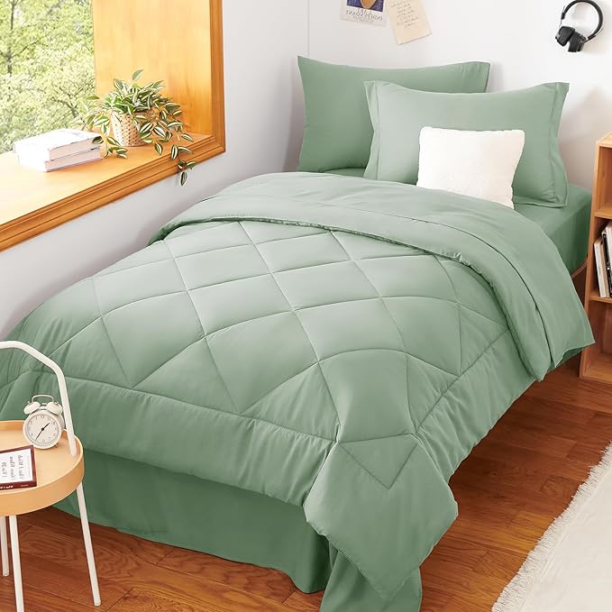 CozyLux Twin XL Comforter Set Sage Green - 5 Pieces Twin Extra Long Bed in a Bag for College Dorm All Season Bedding Set for Girls and Boys Soft Bed Set with Comforter Sheets Pillowcase &amp Sham