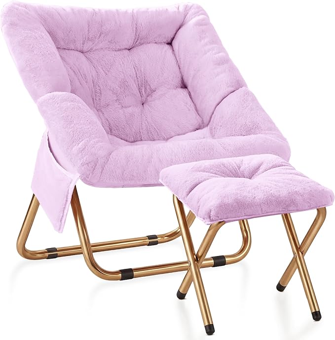 Comfy Saucer Chair Foldable Living Room Chairs Soft Faux Fur Lounge Chair for Bedroom Reading Chairs for Adults Teens X-Large (Lavender)