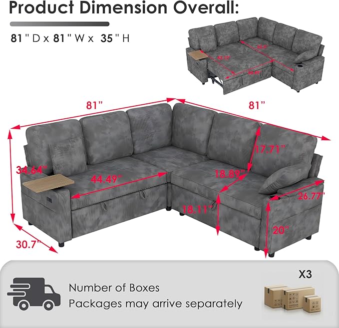 81 Modular Sectional Sofa L Shaped 5-Seater Sleeper Sofa with Pull Out Bed Hidden Storage Cup Holders &amp USB Charging Ports Sectional Couches for Living Room Chenille Grey