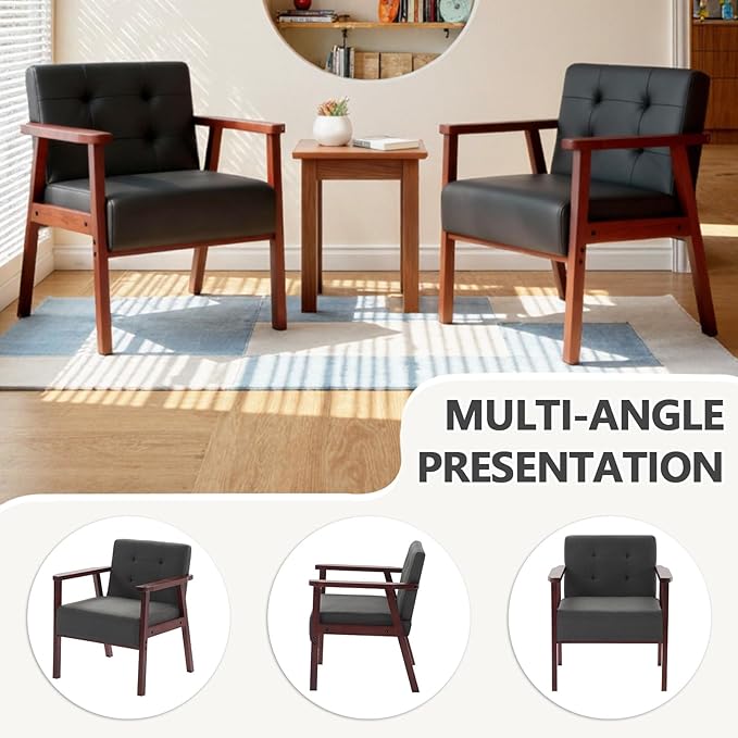 Anwick Mid-Century Modern Accent ChairPU Leather Living Room Chair with Solid Wood FrameComfy Armchair Lounge Reading Chairs for Bedroom Office Small Spaces (Black)