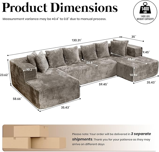 132'' U Shaped Sectional Couches for Living Room Modular Boneless Cloud Sofa with 2 Chaise Lounges 4-in-1 Flexible Combination Layered Foam Cushion Deep Seat Corner Couch No Assembly Light Coffee