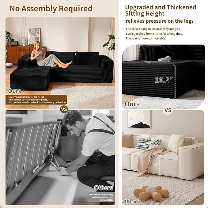 110” No Assembly Compression Boneless in a Box Cloud Sectional Couches for Living Room L-Shape Couch Compressed Sofa Modern Modular Plush Corduroy Reclining Comfy Fluffy Memory Foam Furniture Black