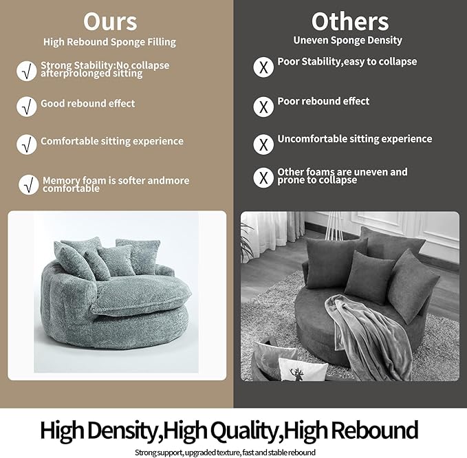 55 Oversized Round Boneless Lounge Chair - Cloud Comfy Reading Seat for Living Room Home Office (Blue Gray Round Lounge Chair (Ottoman Not Included))