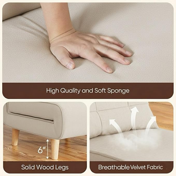 Ahomly 3 in 1 Convertible Sleeper Chair Sofa Chair for Adults with 6 Angle Adjustable Backrest Single Sleeper for Living Room/Apartment/Office Beige