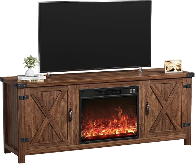 YESHOMY Fireplace TV Stand with Two Barn Doors and Storage Cabinets for Televisions up to 65+ Inch Entertainment Center Console Table Media Furniture for Living Room 58 Inch Walnut