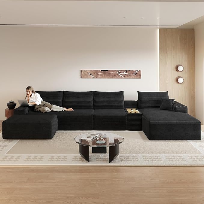 ‌151.5 Modern Cloud Boneless Corduroy Sectional Couch with U-Shape Chaise Ottoman and Side Table No Assembly Required Deep Seat Upholstered Modular Sofa for Living Room (Black Right Facing)