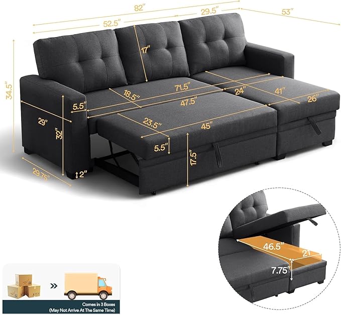 L Shaped Couch 4 in 1 Pull Out Sofa Bed Sleeper Sectional Sofa with Storage Convertible Sofa Bed 82in Chaise Lounge for Living Room Apartment Dorm