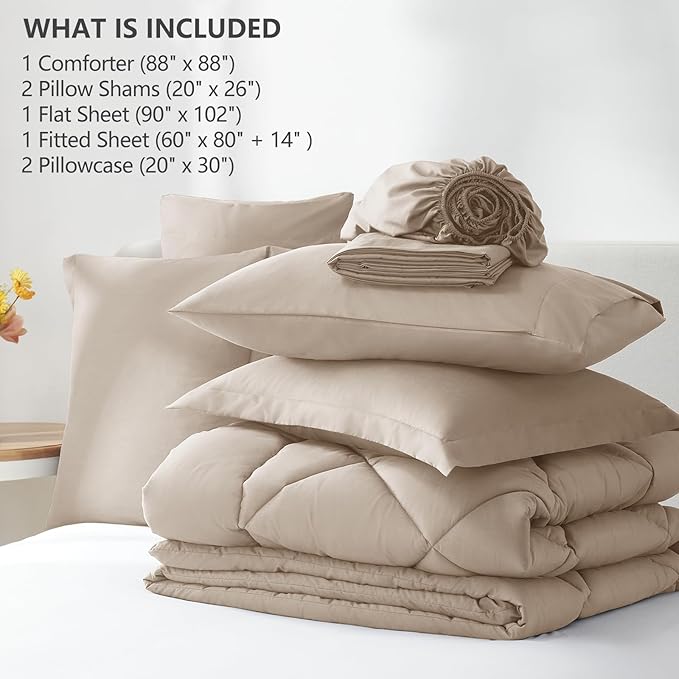 CozyLux Queen Comforter Set Wheat - Bed in a Bag Queen Size 7 Pieces Luxury Soft Bed Set for All Seasons Bedding Set with Down Alternative Comforter Sheets Pillowcases &amp Shams