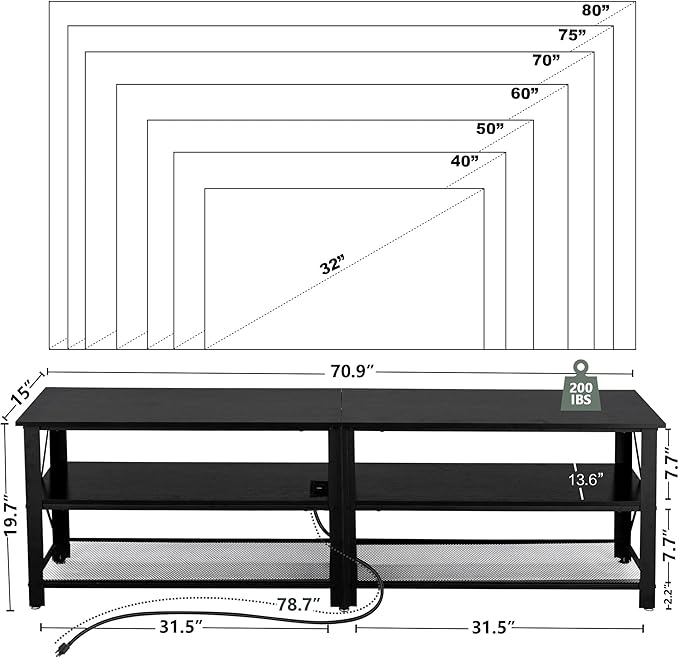 Clikuutory Modern Black 71 inch Metal TV Stand with LED Lights and Power Outlets for 50 60 65 70 75 80 Inch TVs 3 Tier Television Stands with Entertainment Center and Storage for Living Room Bedroom