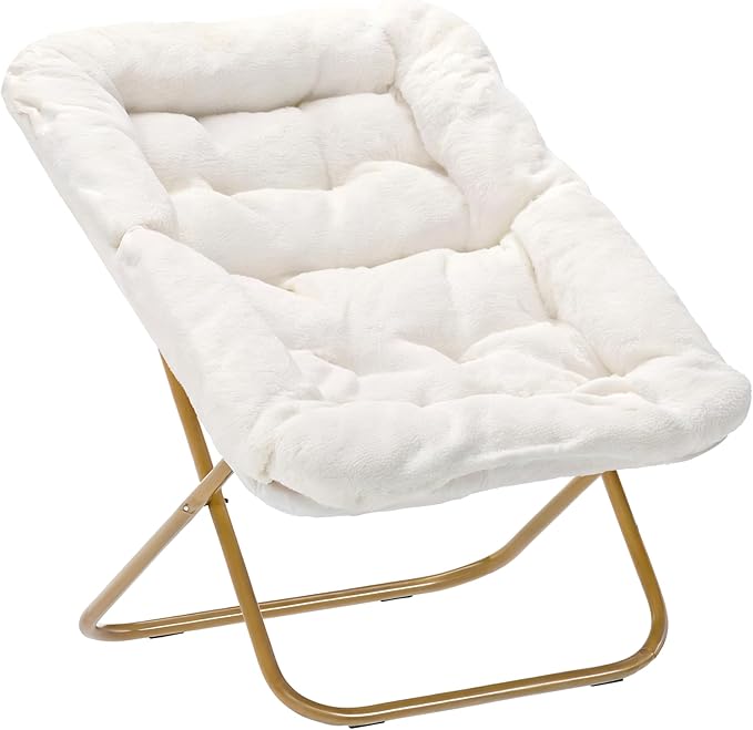 Flash Furniture Archer Saucer Chair with Folding Steel Frame Portable Oversized Saucer Chair for Dorm or Bedroom 28 Ivory Faux Shearling/Soft Gold Frame